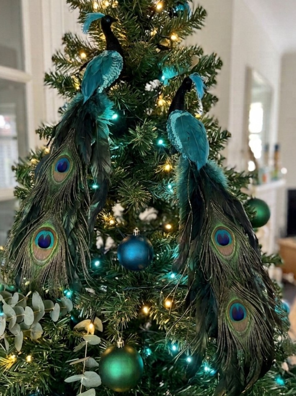 Vintage Decorative Teal Feather Peacock Pair clips on tree branch
Set of two